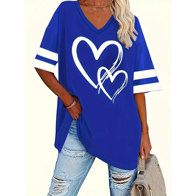 Plus Size Heart & Stripe Print T-Shirt Casual Short Sleeve Top For Spring & Summer Women's Plus Size Clothing