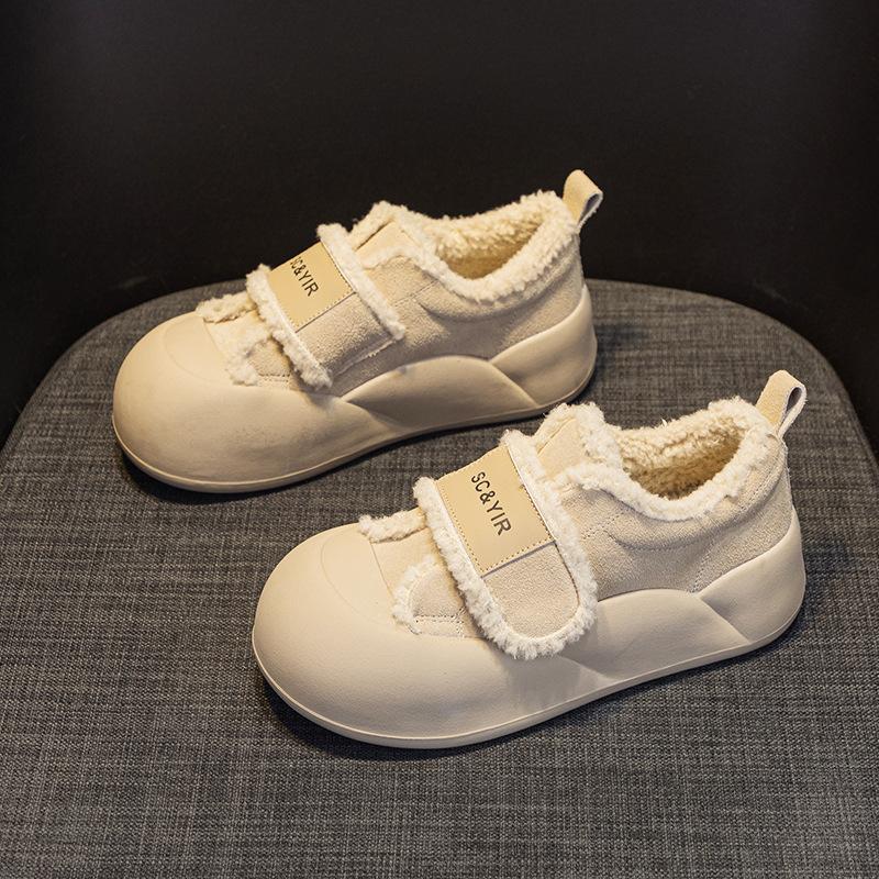 Platform bread shoes 2025 new velvet warm imitation lamb wool matte leather casual fashion Velcro women's shoes