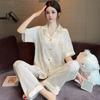 High-Value Simple Solid Color Flower Jacquard High-End Ice Silk Pajamas Women'S Loungewear Short-Sleeved Trousers Set