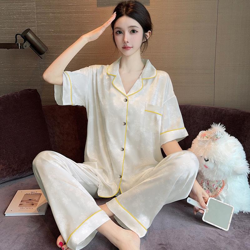 High-Value Simple Solid Color Flower Jacquard High-End Ice Silk Pajamas Women'S Loungewear Short-Sleeved Trousers Set