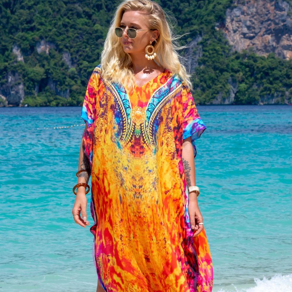 Letní tunika s potištěným tureckým županem, letní tunika na plavky velké velikosti pro dámské plavky Modré šaty Kaftan