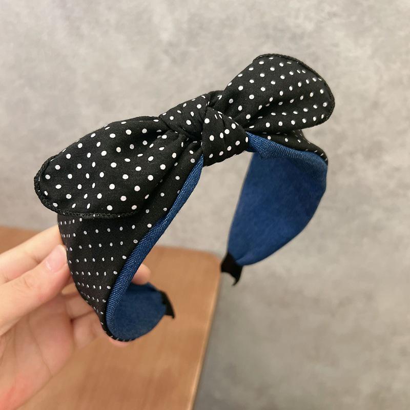Korean Plaid Navy Bow Headband with Non-Slip Teeth for Women