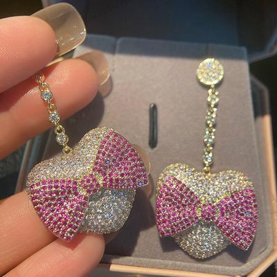 Orecchini Popolari Coreani da Donna Fiocco Amore Rosa Orecchini Girly Micro-incastonati Zirconia Cubica Lunghi Orecchini Pendenti Lucenti All'Ingrosso