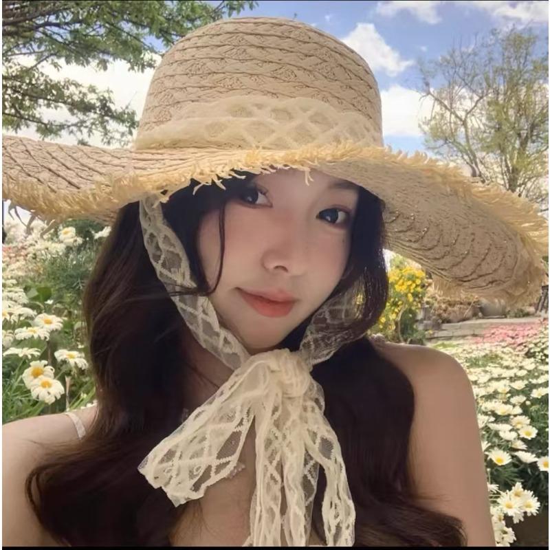 Lace strap large brim straw hat women's summer travel sun protection sun hat seaside beach hat vacation hat
