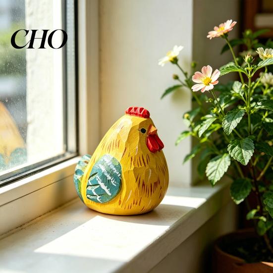 Forest Theme Decor Piece Hand-Carved Wooden Rooster Figurine Farmhouse Chicken Sculptures Rustic Animal Statue Pastoral Home for Shelf Desk