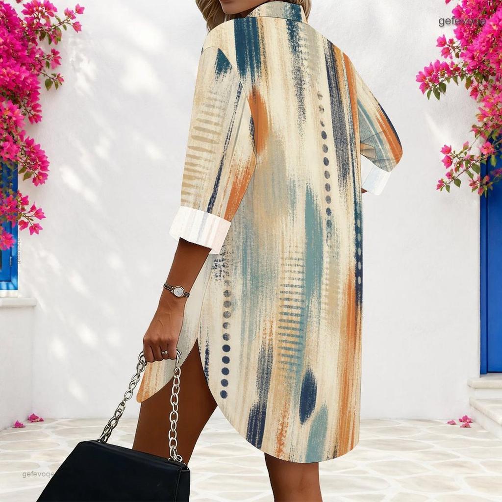Women Plus Size Collared Long Sleeve Button Front Geometric Printed Curved Hem Shirt Dress
