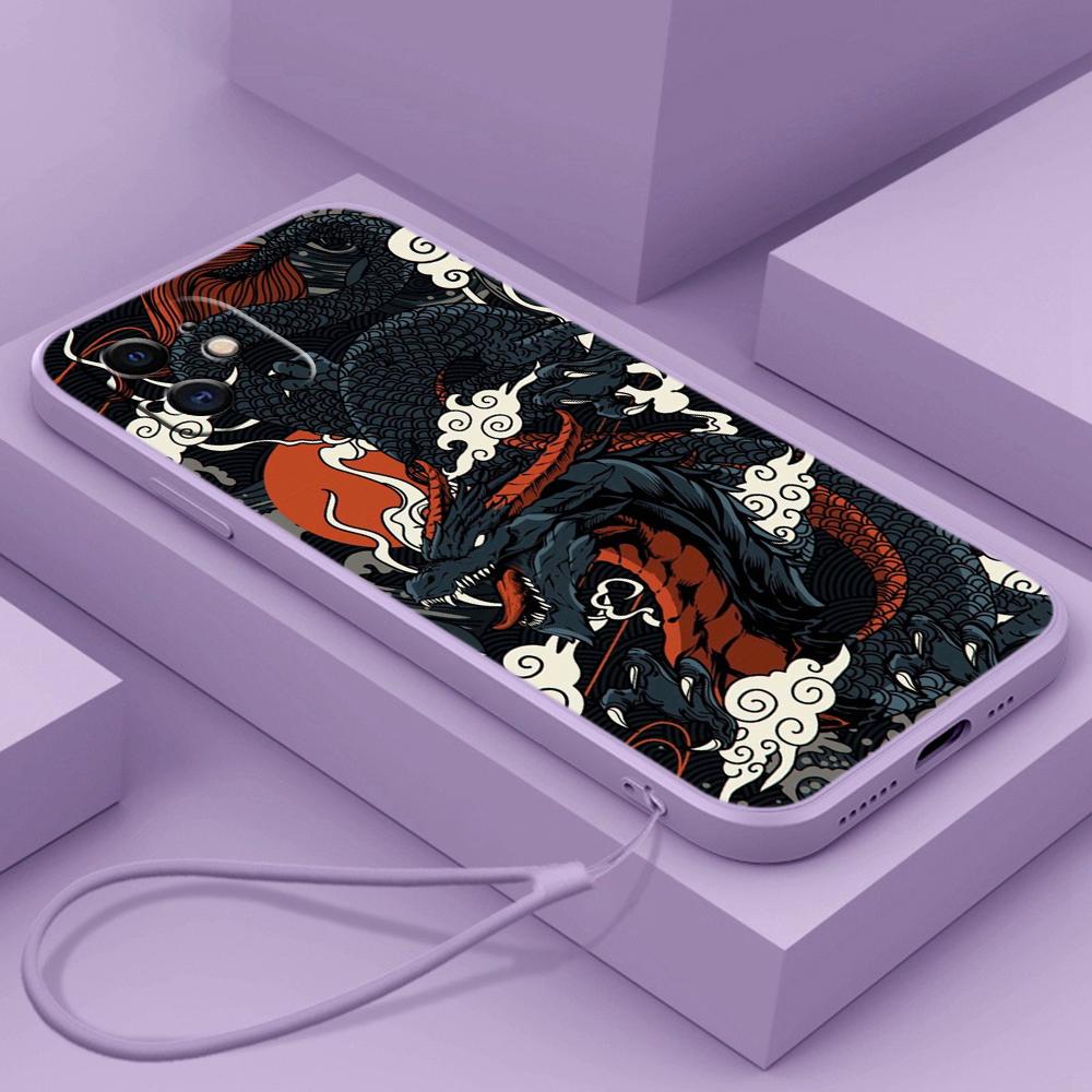 Samsung Galaxy A14 A24 A23 A13 A53 A54 A34 S23 FE for iPhone 11 12 13 14 15 Pro Max Soft Straight Edge Telefonveske Med snordeksel A33 Dragon design