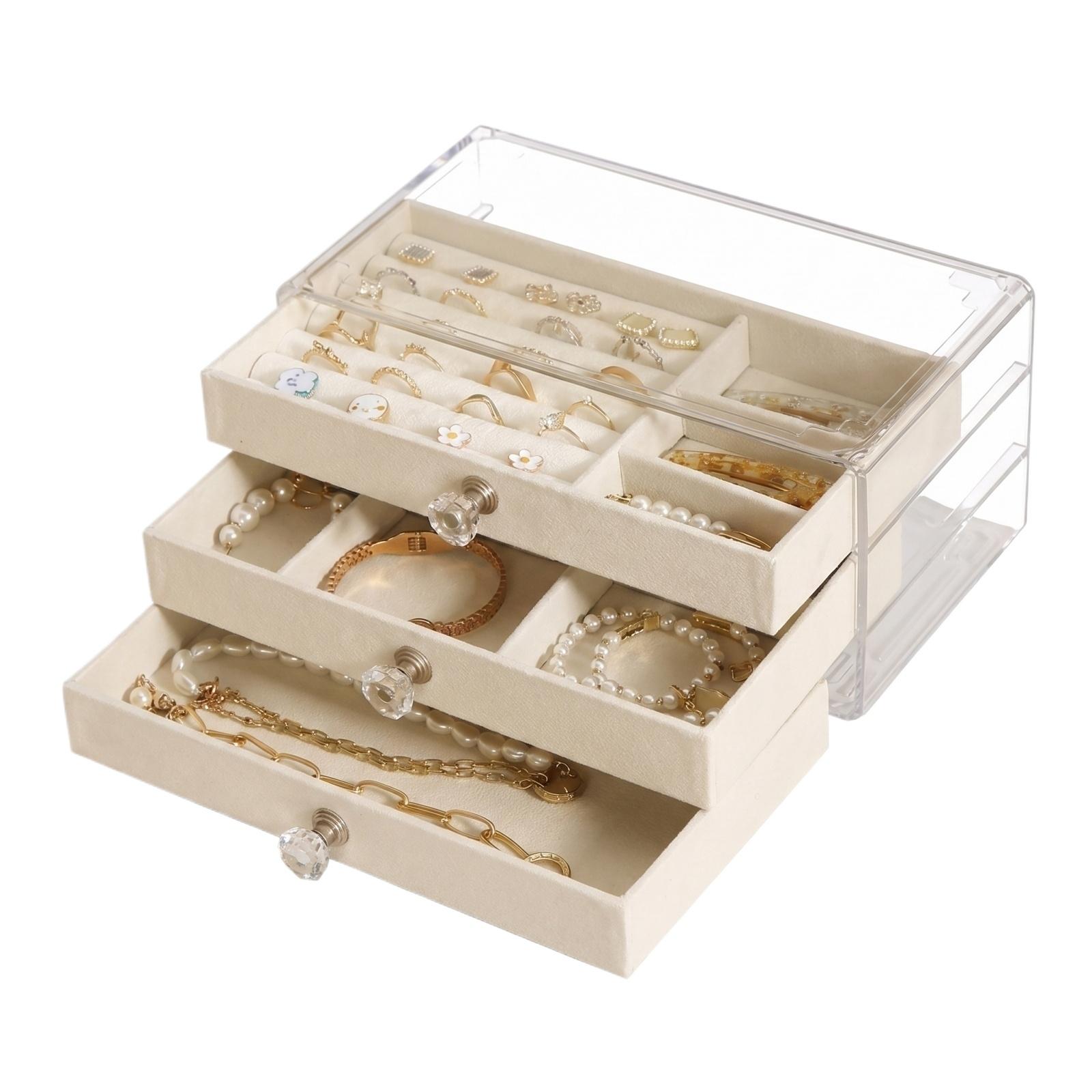 

Velvet Acrylic Jewelry Organizer Drawer Storage for Earrings Necklaces one size бежевый