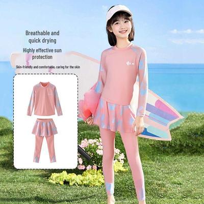 Girls' Long-sleeve Three-piece Swimsuit: Breathable, Quick-drying, Sun-protective, Conservative, for Older Kids, Ideal for Hot Springs.
