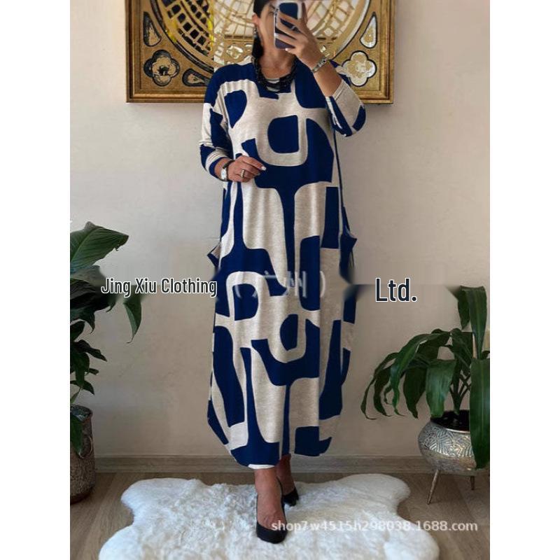 Plus Size Long Printed Dress - Loose Round Neck, Long Sleeve for Spring and Autumn