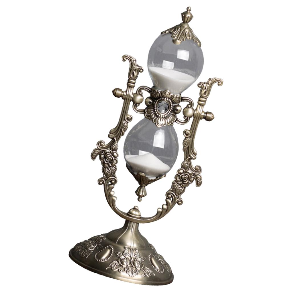 Vintage Glass and Metal Hourglass 15/30 Minutes Sand Timer for Living Room Decoration Engraved Rotating Sand Clock Stand