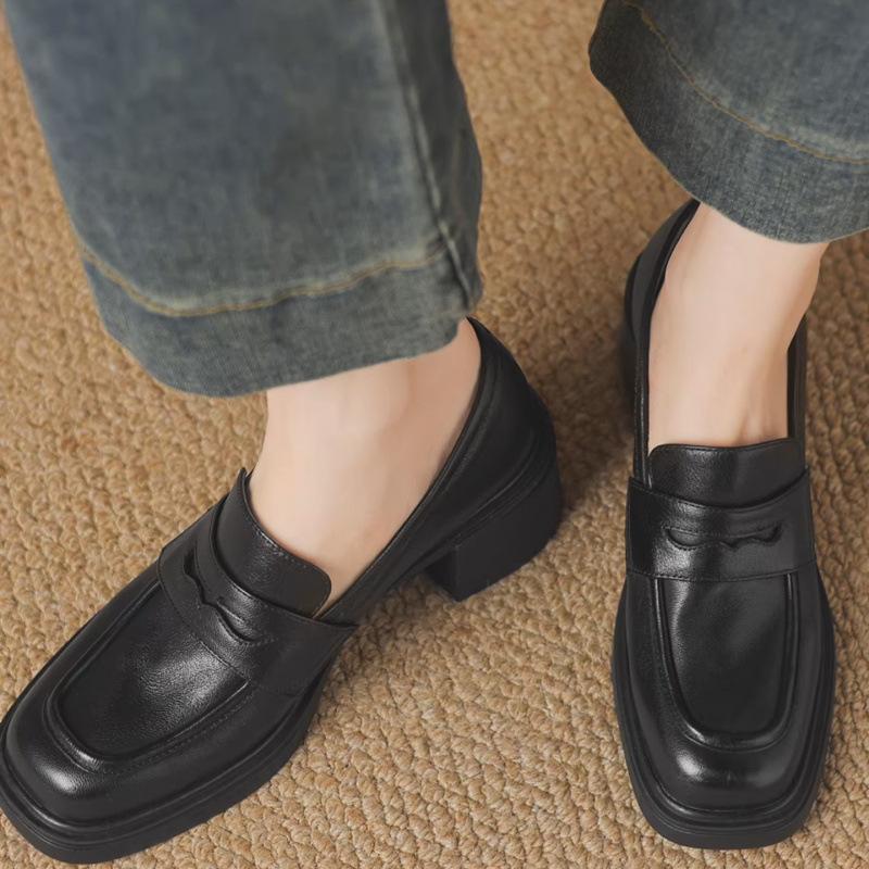 Retro British style square head thick heel platform loafers versatile commuter small leather shoes one pedal high heel single shoes