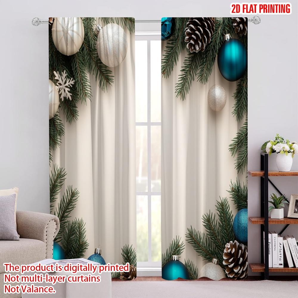 2pcs,2D Plane Printing Pattern Curtains Blue White Pine Christmas (3) 100% Polyester (without Rod) Holiday Use for Bedroom,
