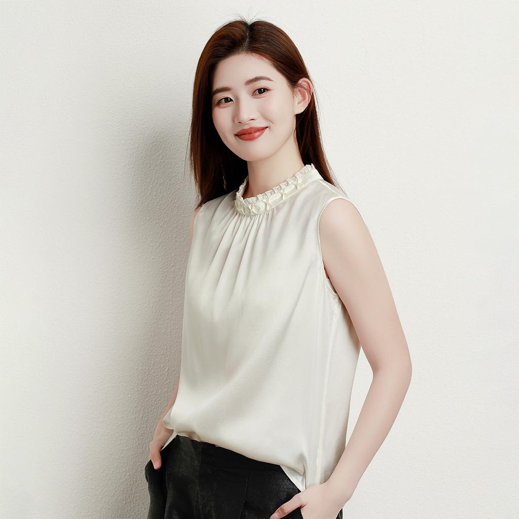 New 92% Mulberry Silk Tank Top Fashionable High End Handmade Pinch Flower Binding Bead Versatile Shirt Commuter Women's T-shirt