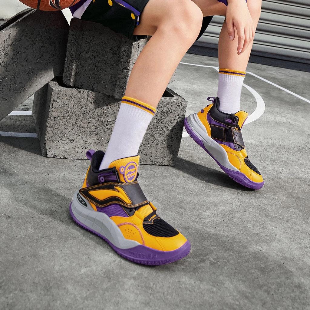 Li Ning Youth Pre Casual Comfortable High-Top Basketball Shoes Kids Sneakers Black Purple Yellow YKBT092-3