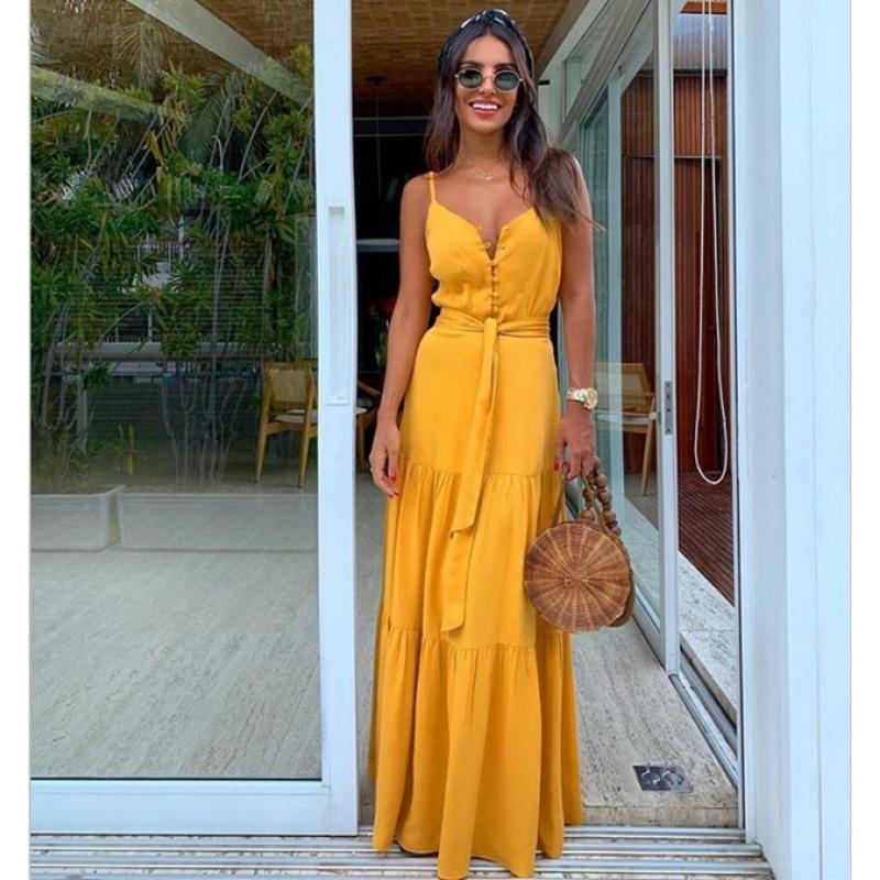 Button Tie Spaghetti Strap Beach Long Dress Comfortable Lightweight Breathable High Recognition Elegant Slimming Flattering Fit Vacation Style