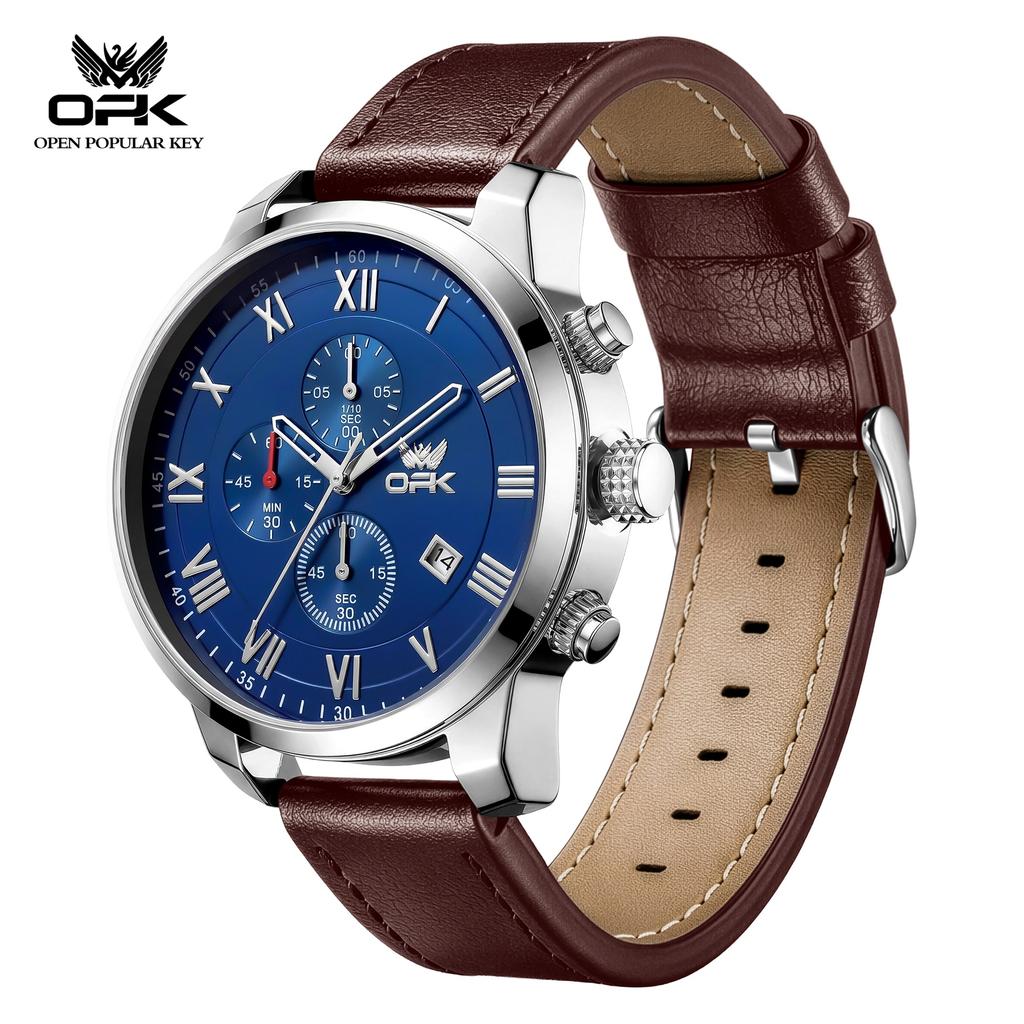 OPK 6099 Original Brand Chronograph Man Watch Leather Strap Auto Date Waterproof Sport Quartz Men's Luxury Wristwatch