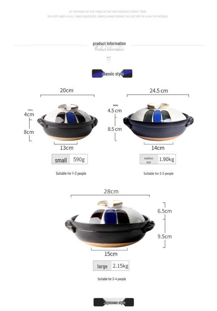 Japanse Keramische Kleipot: Multi-Use Stoofpot, Rijstkoker, Gas- en Inductiekookplaat - Kleine Maat Steen en Platte Pan voor Soepen.