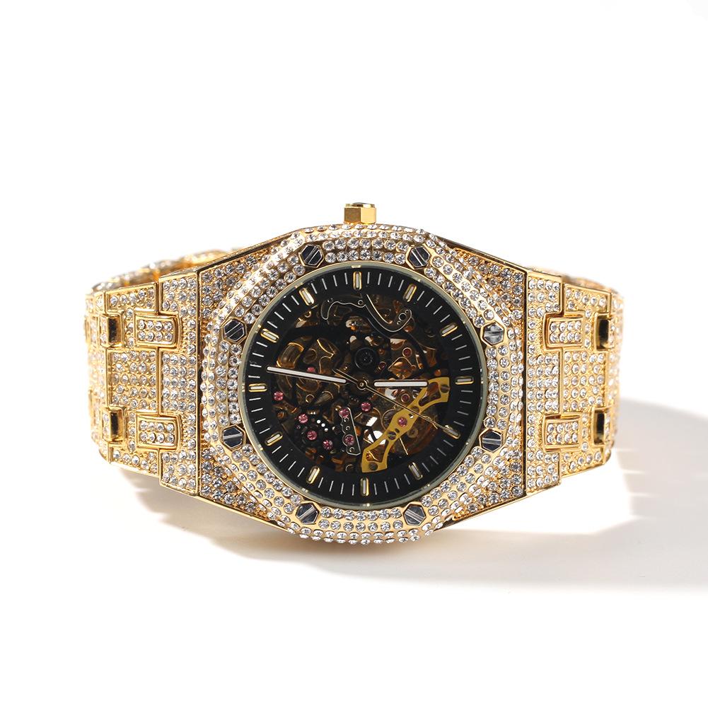 Men's Hip Hop Diamond Skeleton Transparent Mechanical Watch - Fashionable New Design