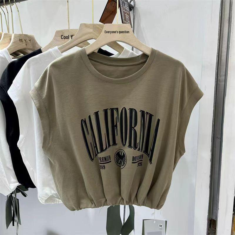 Damski bawełniany T-shirt bez rękawów w stylu europejskim - Letni, podkreślający talię, dopasowany, luźny top z okrągłym dekoltem