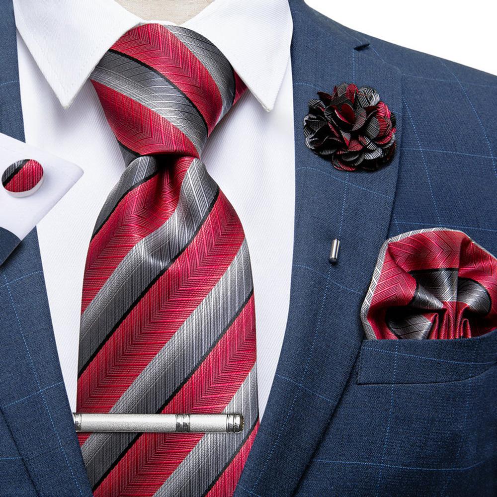 7 Colors Mens Plaid Paisley Silk Necktie Hanky Cufflink Tie Clip Boutonniere Set for Wedding Party