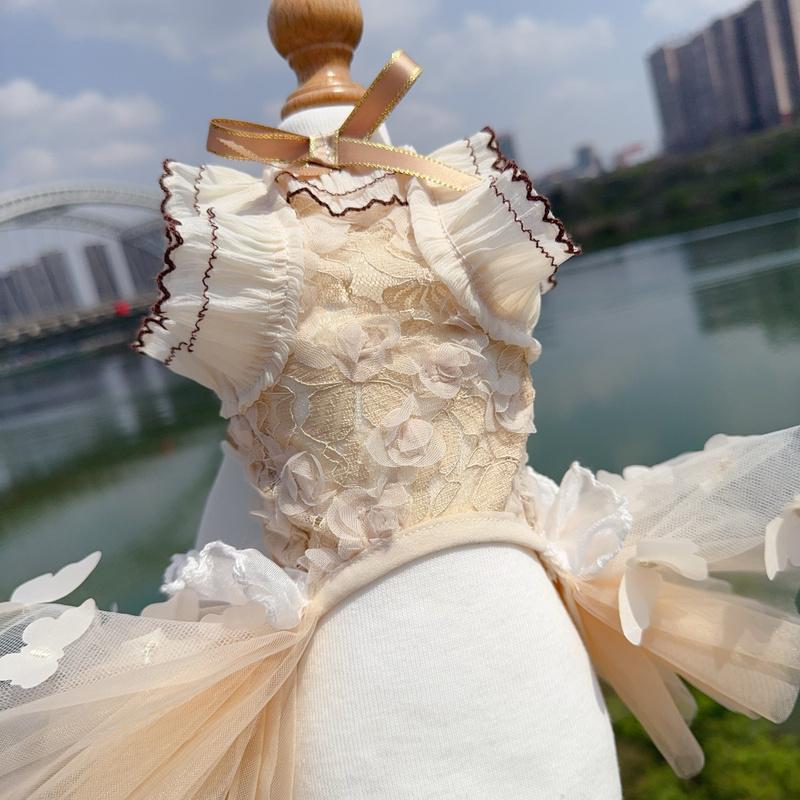 Champagne Pet Dog Clothes Spring Summer Soft Hollow Lace Bow Sling Dresses For Small Medium Dog Chihuahua Puppy Costumes Skirts