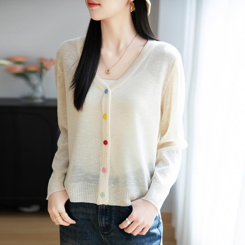 Summer Thin Bamboo Joint Linen V-neck Cardigan Light One Tone Sweater Versatile Air Conditioning Blouse Sunscreen Jacket