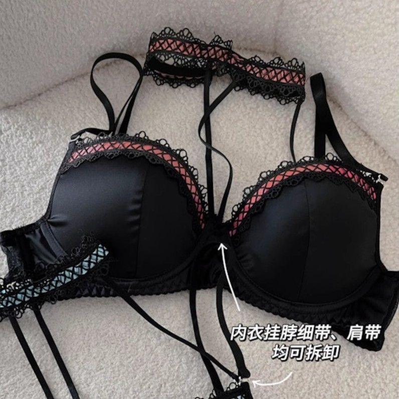 Sweet Coquette Halter Choker Satin Lace Bra Set, Push Up Inner Outer Wear Young Women Lingerie Set