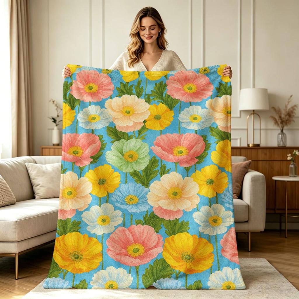 Soft Flannel Blanket with Pastel Floral Print All Season Warm Throw Blanket for Couch Sofa Bedroom Office Home Decor