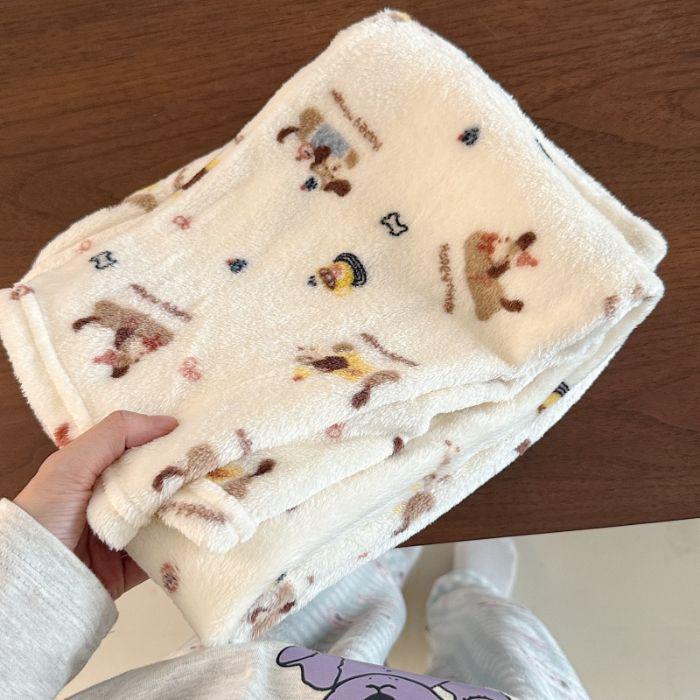 Korean Style Women's Fleece Pajama Pants - Flannel Cartoon Design for Autumn and Winter