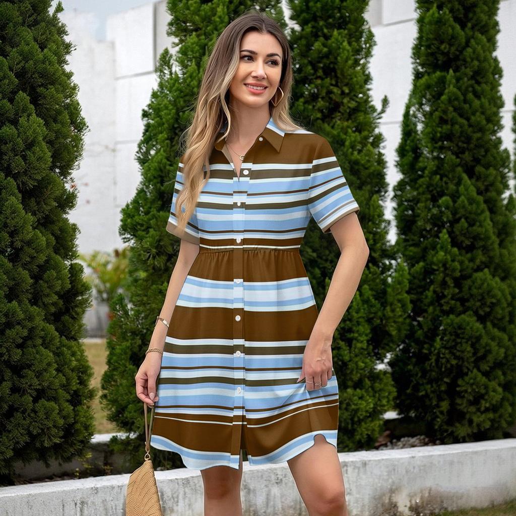 Women Loose Fit Casual Shirt Dress with Button Front and Stand Collar Short Sleeve Striped Design for Everyday Wear