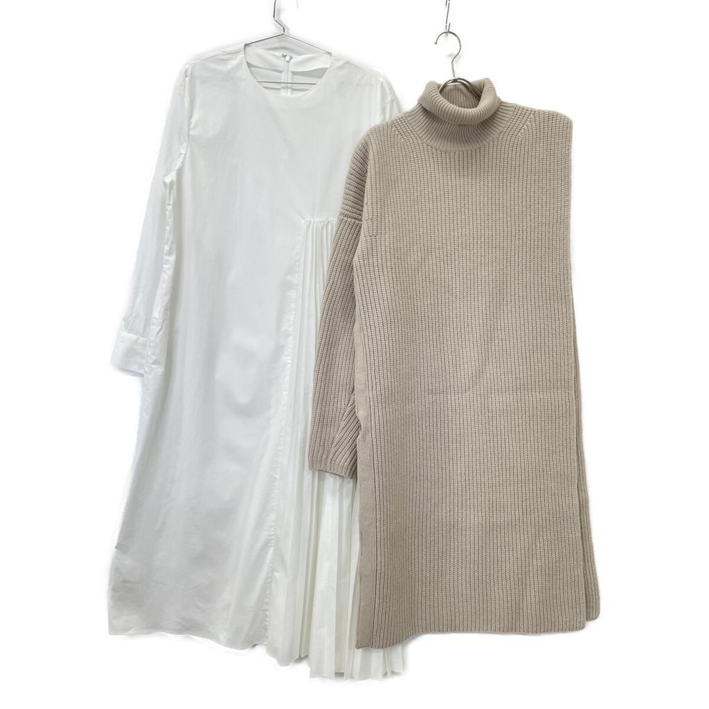 ELENDEEK 511960322701 Beige X White Pleated One-Piece Asymmetrical Knit Set Dress F Beige X whiteUsed