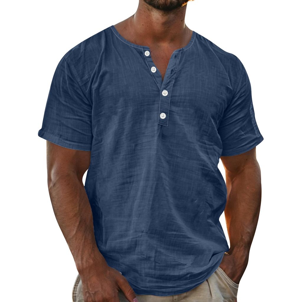 Men Henley Shirt Short Sleeve Button Down Linen Casual Loose Fit Summer Lightweight Top for Daily Wear