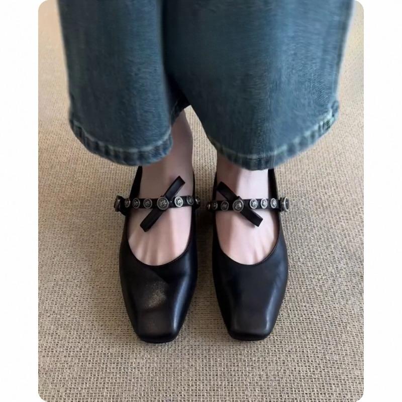 Super Soft Single Shoes Women's Flat Shallow Opening Ballet Shoes Square Toe Retro Shoes