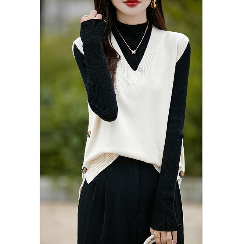 [Ailiyumo] knit vest ladies spring vest v neck Thin knit sweater sleeveless short length Plain color layered clothing with button slit Fashionable