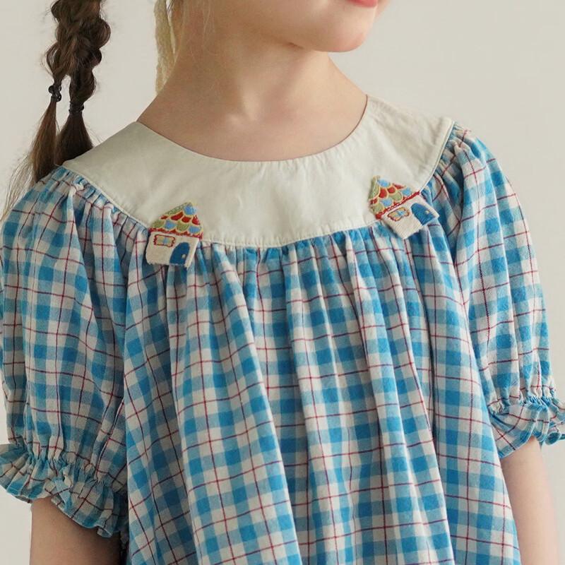 Girls' Retro Plaid Puff Sleeve French Princess Dress