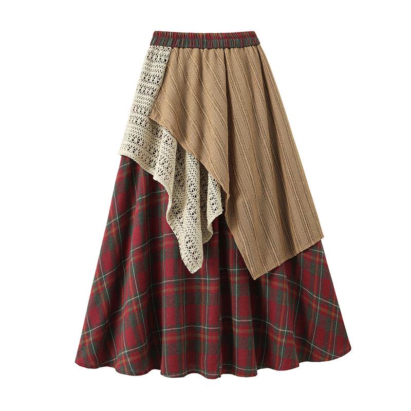 Women's High-Waisted Retro Plaid Lace Patchwork A-Line Skirt with Irregular Hem