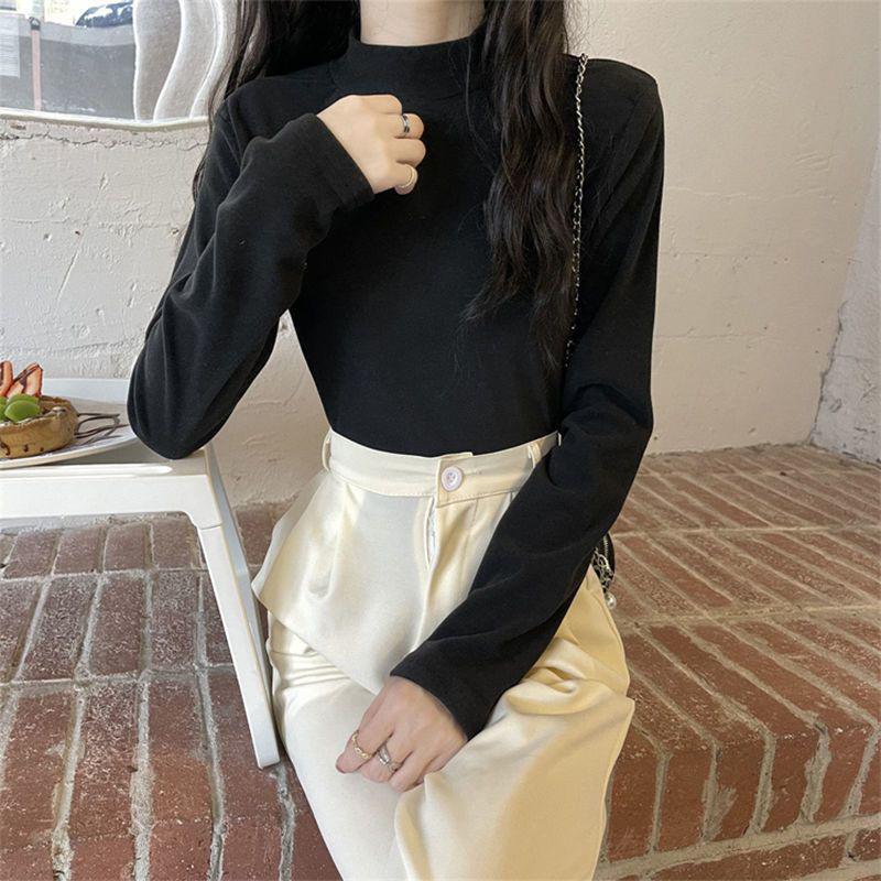 Damski Pluszowy T-shirt z Długim Rękawem i Półgolfem – Stylowy, Wszechstronny, Samorozgrzewający i Ciepły na Jesień/Zimę.