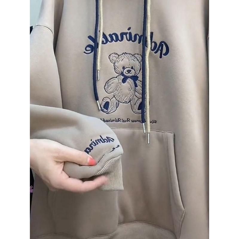 Herbst Winter Samt Verdickt Warm Bärenprint Stickerei Locker und Vielseitig Kapuzenpullover Langarm Damen Pullover