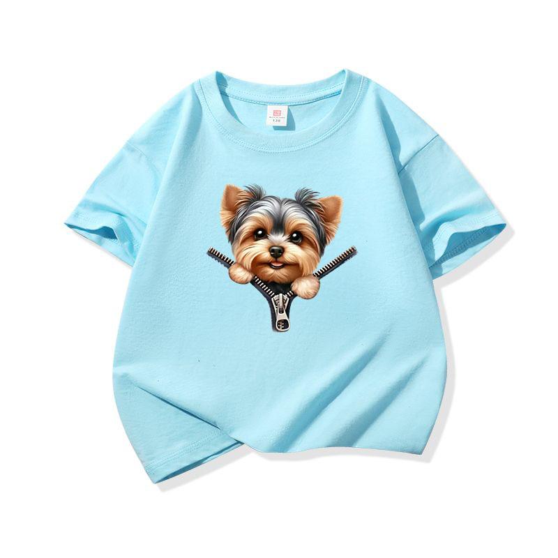 Kids Cotton T Shirt Sweet Yorkshire Terrier Dog Zipper Print Crew Neck Short Sleeve Tee Casual Breathable Boys Girls Summer Tops