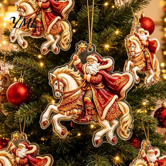 Christmas Fireplace Ornament Santa Riding Horse Ornament, Acrylic Hanging Pendant with String, Indoor Outdoor Decor Festive Tree for Living