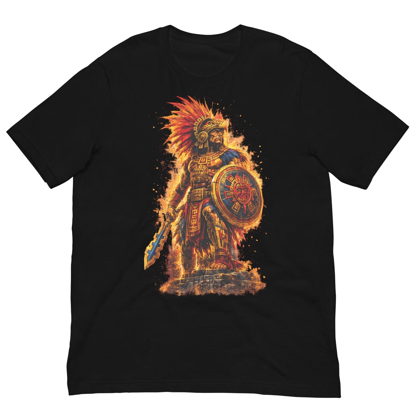 Aztec Fire Warrior Shirt, Ancient Mexico Warrior Tee, Flaming Aztec Fighter T-Shirt, Indigenous Warrior Art, Mexican Heritage Graphic Tee 3XL