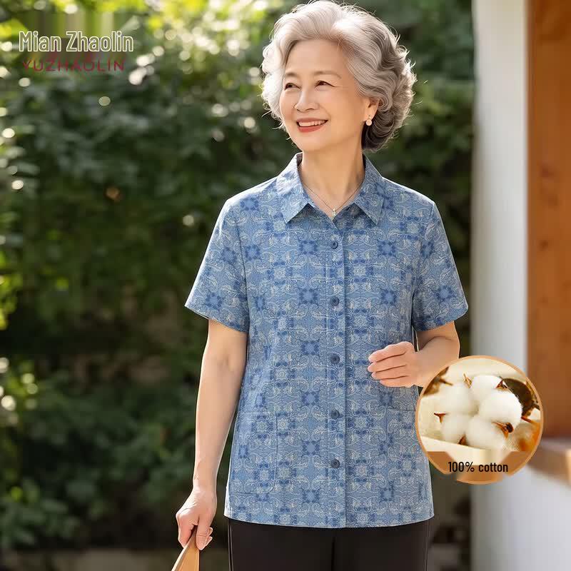YUZHAOLIN Women s Floral 100% Cotton Short-Sleeve Blouse XL