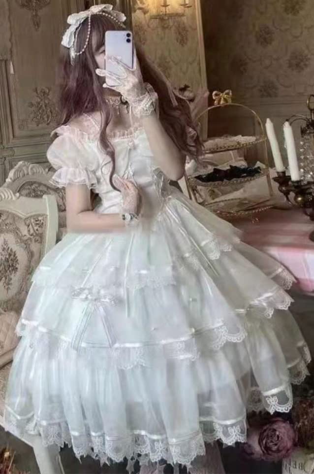 White Dress Lolita One Piece Wedding Cosplay Knee Length [Lady Lazy] (L)