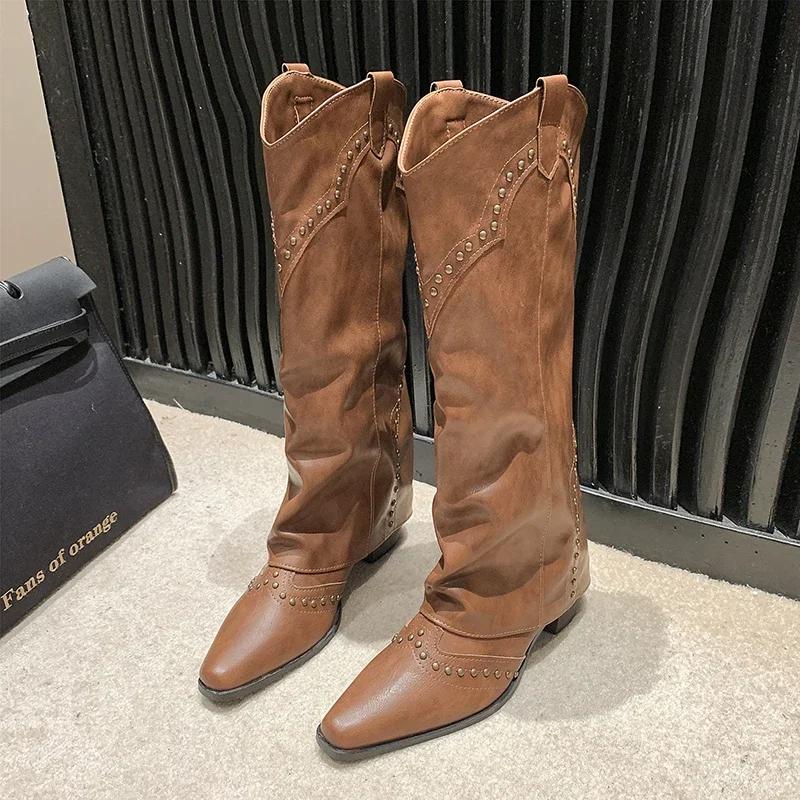 Fashion Comemore Woman Cowgirl Long Boots Fashion Slip on Ladies Elegant Square Heel Knight Botas Shoes Retro Women's Thigh High Boots