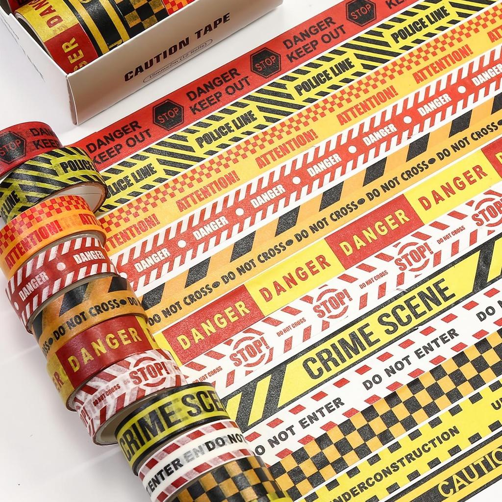12 Rolls Caution Washi Tapes Set Decorative Paper Masking Tape Removable No Residue Stop / Attention / Keep Out Adhesive