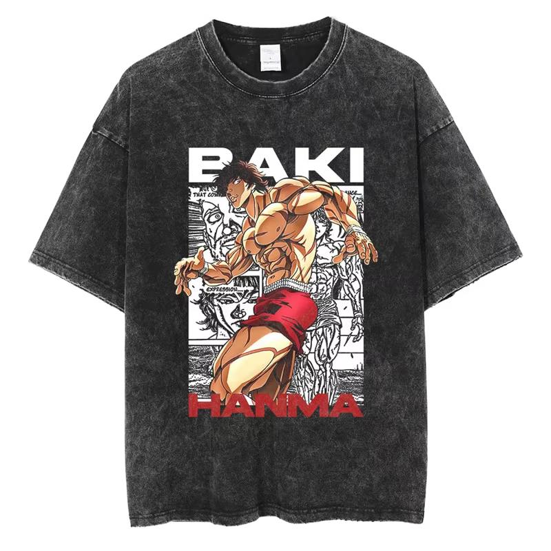 Baki Print Vintage Baumwoll-T-Shirt Herren Damen Sommer Lässig Übergroß Streetwear Fitnessstudio Workout Training Kurzarm Grafik-T-Shirt