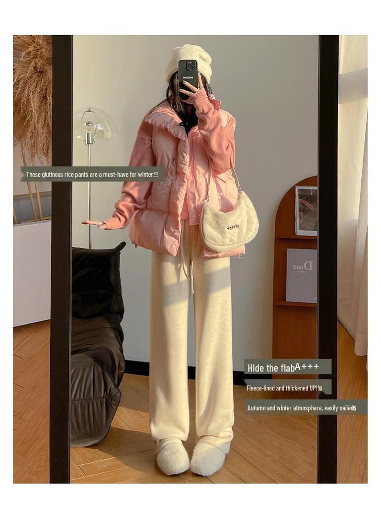 Women's High-Waisted Fleece-Lined Wide-Leg Rice Cotton Pants for Autumn/Winter 2025