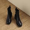 New Women's Large-size Leather Boots Medium Heel Solid Color Round Head Medium Tube Boots Korean Version Rubber Sole Autumn and Winter Side Zipper F