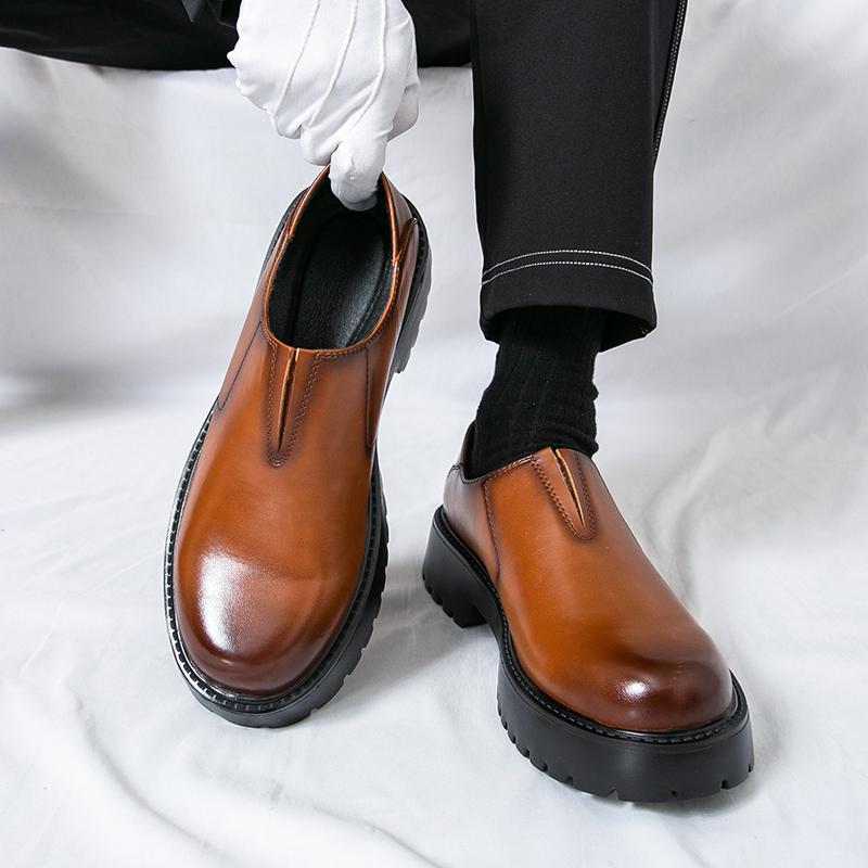 Fashion Brand Men's Comfortable Thick Soled Legged Loafers 2025 Fashion New Men's Round Head Breathable Cowhide Casual Leather Shoes